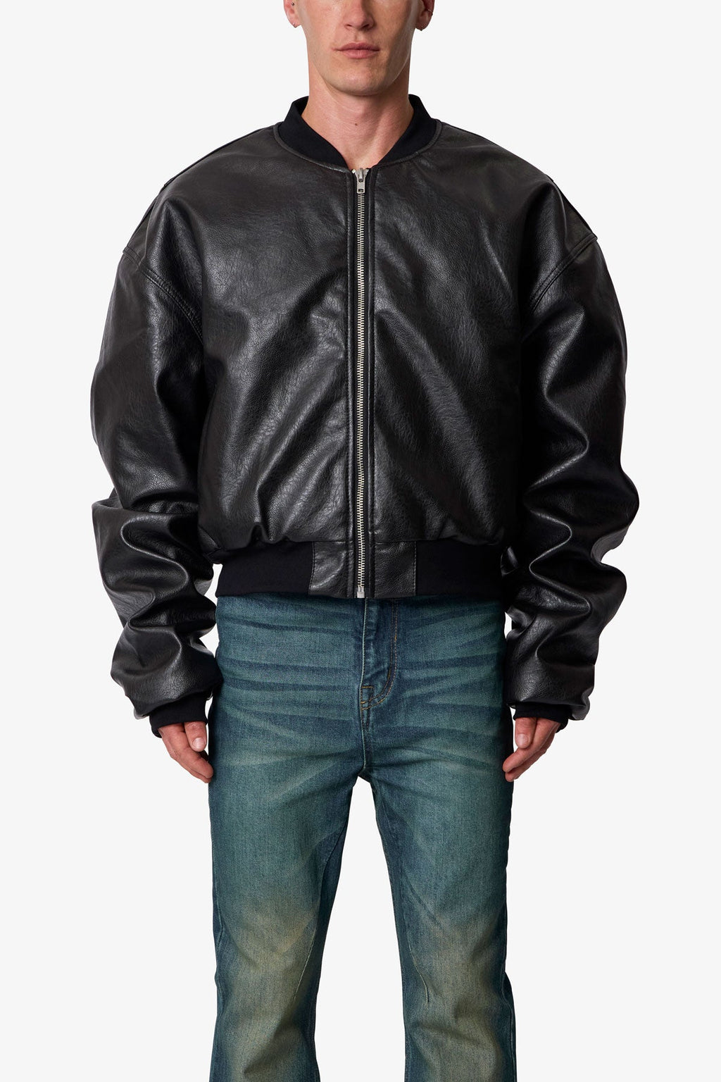 Leather Oversized Bomber Jacket - Black