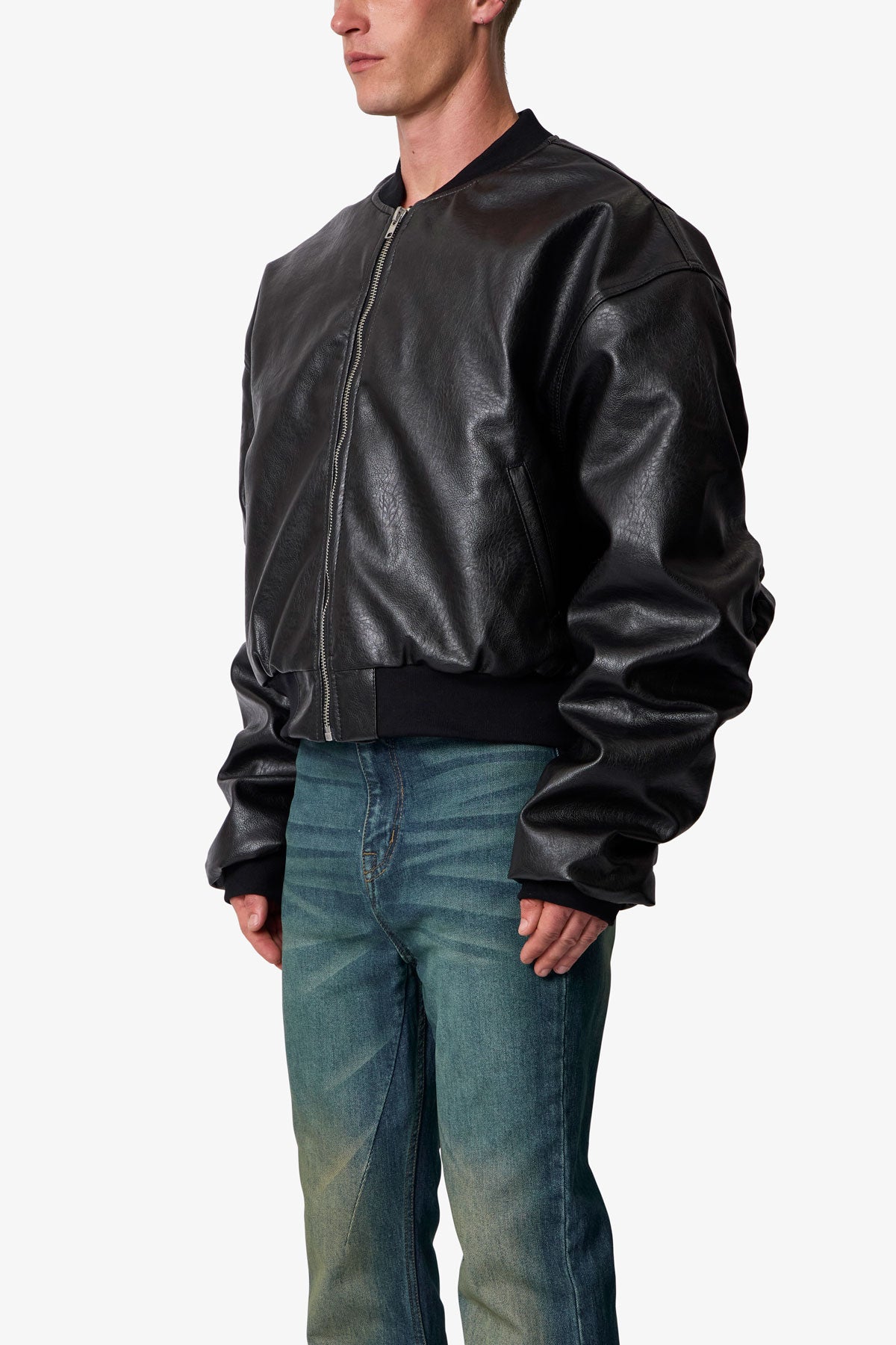 Leather Oversized Bomber Jacket - Black
