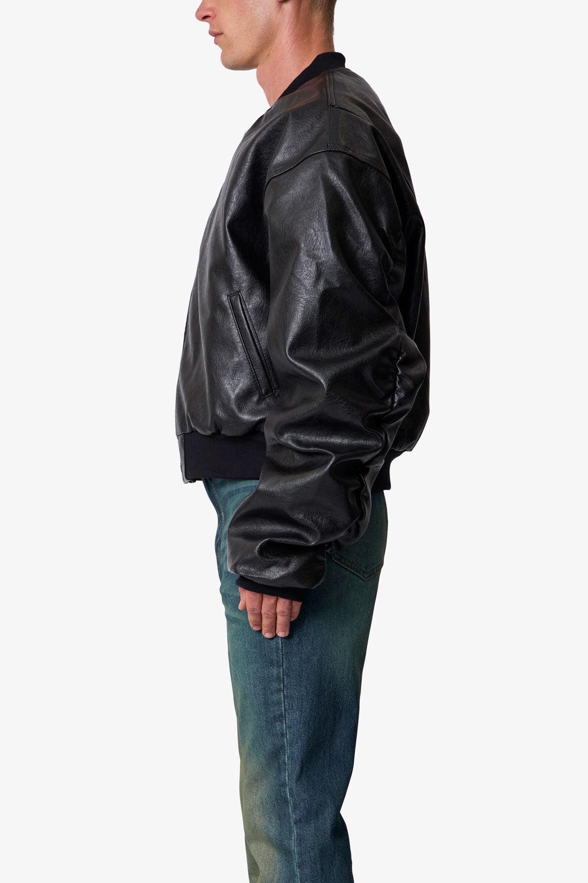 Leather Oversized Bomber Jacket - Black