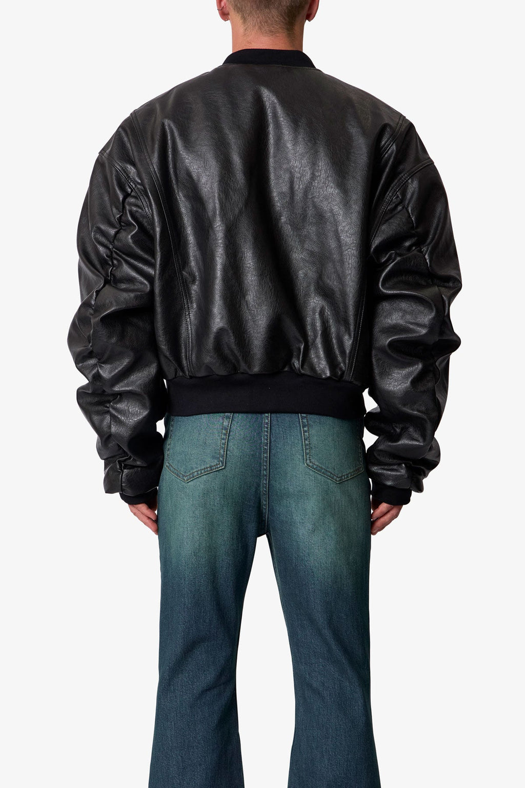 Leather Oversized Bomber Jacket - Black