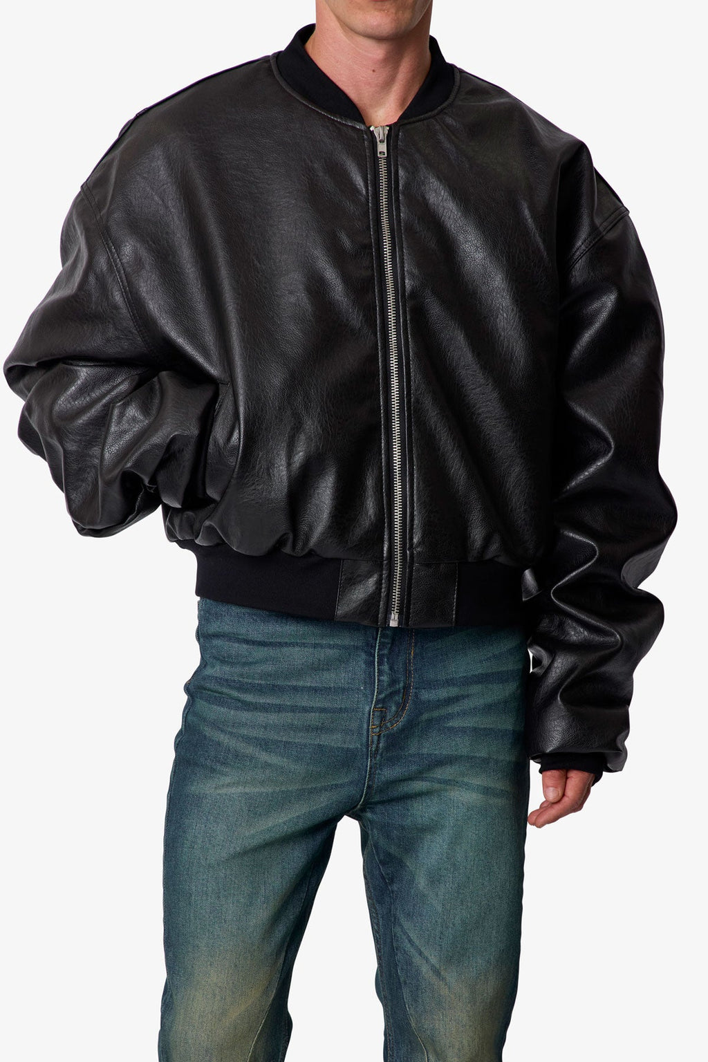 Leather Oversized Bomber Jacket - Black