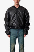 Leather Oversized Bomber Jacket - Black