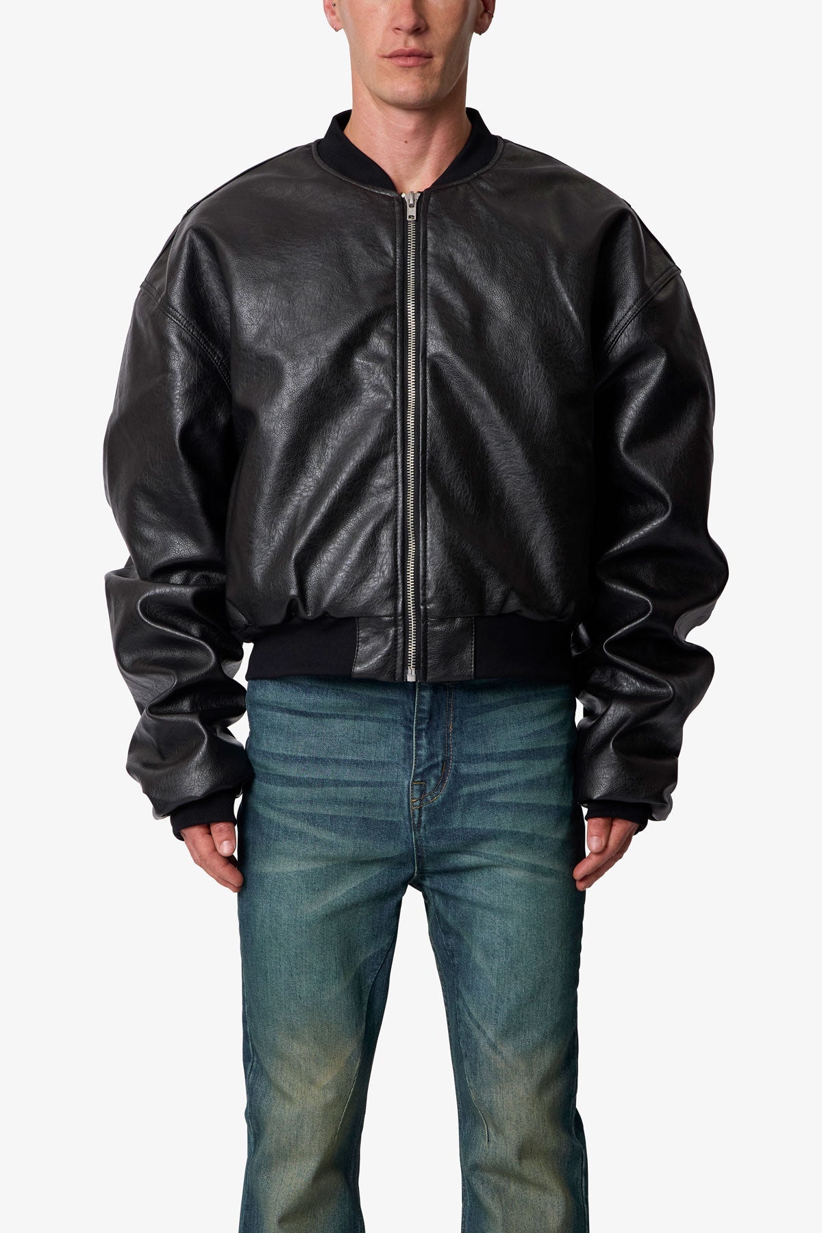 Leather Oversized Bomber Jacket - Black