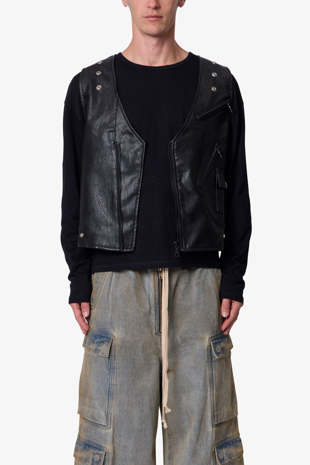 Leather Zipper Vest - Black
