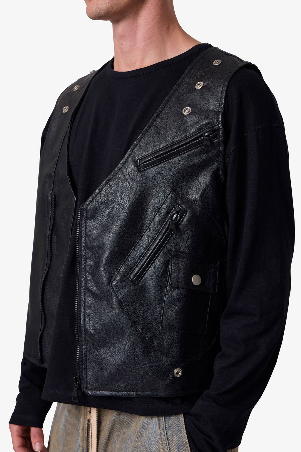 Leather Zipper Vest - Black