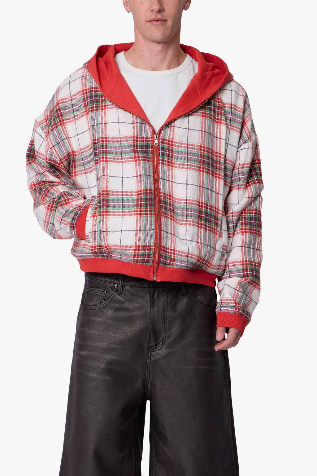 Reversible Flannel Zip Up Hoodie - Red
