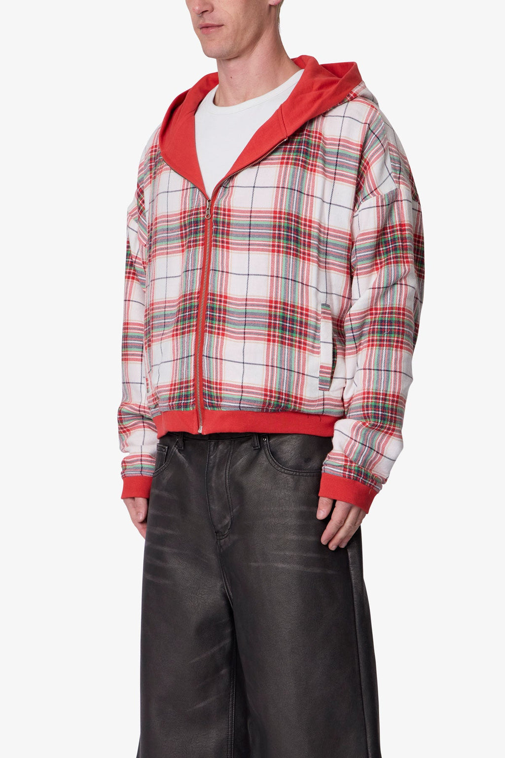 Reversible Flannel Zip Up Hoodie - Red