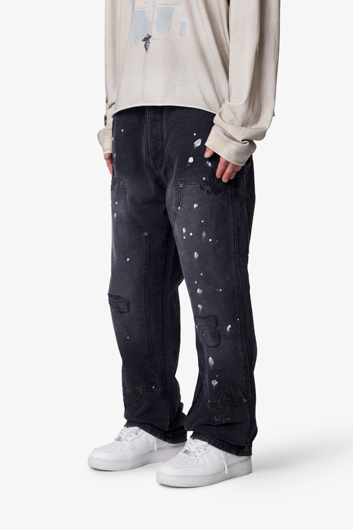 Torn Fleur Double Knee Pants - Washed Black