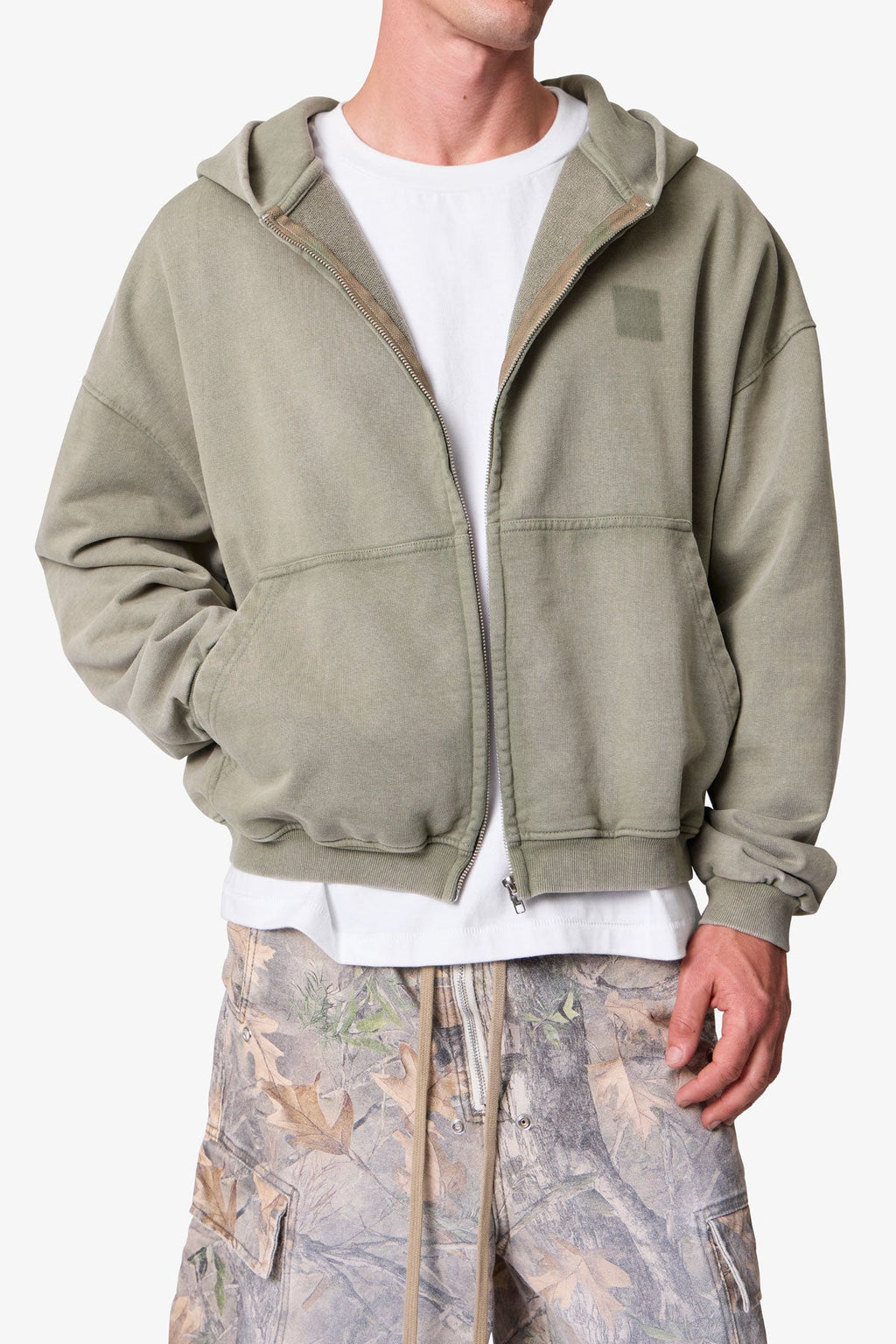 Vintage Washed Zip Up Hoodie - Olive